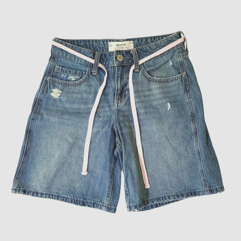 Hollister 2 26 Low-Rise Baggy Jort Denim Shorts Y2K Distressed Pink Belt